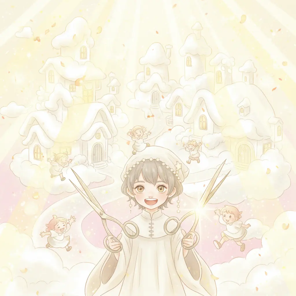 El pueblo de nubes se llena de luz y colores pastel mientras los niños juegan felices y Eli sonríe con sus tijeras brillantes.