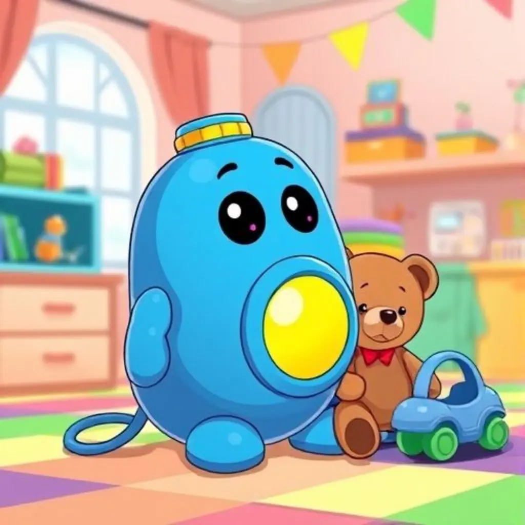 Resplandor, la linterna, mira curiosa a los juguetes en el cuarto.