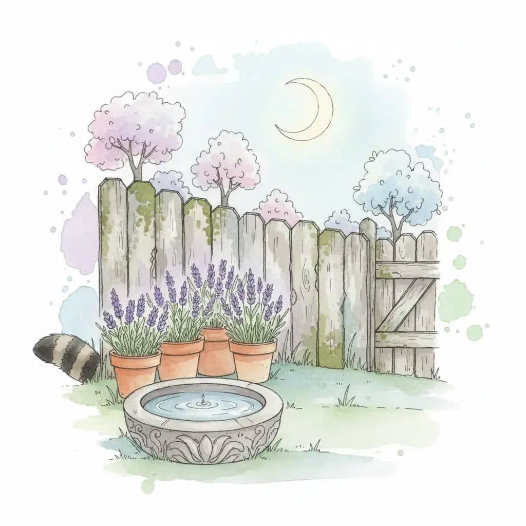 Una cola peluda con anillos oscuros asoma detrás de una maceta en un jardín nocturno.