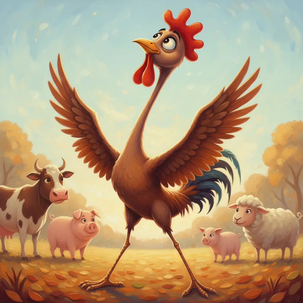 Piquifino, un gallo muy flaco, estirando sus alas bajo el sol, soñando con volar de noche.