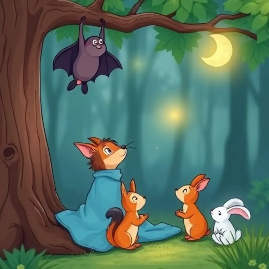 Diro, la ardilla y los conejos escuchan a un murciélago en el árbol.