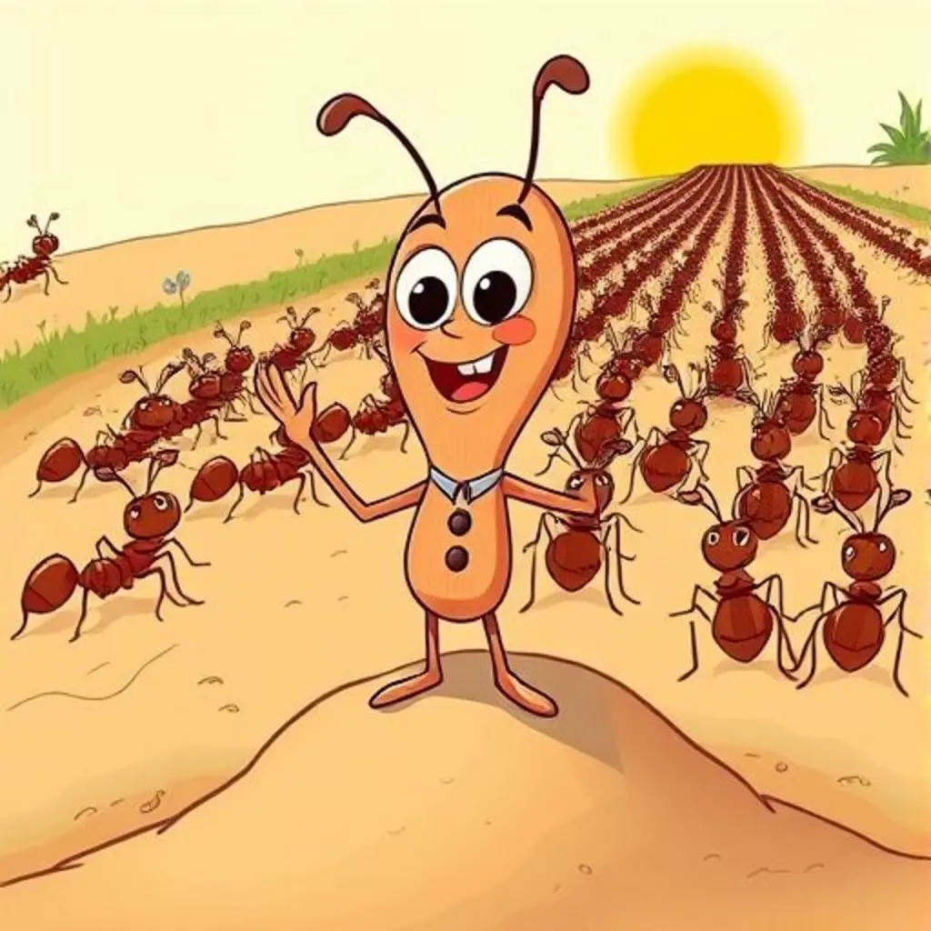 Palito, orgulloso, dirige a una larga fila de hormigas organizadas.