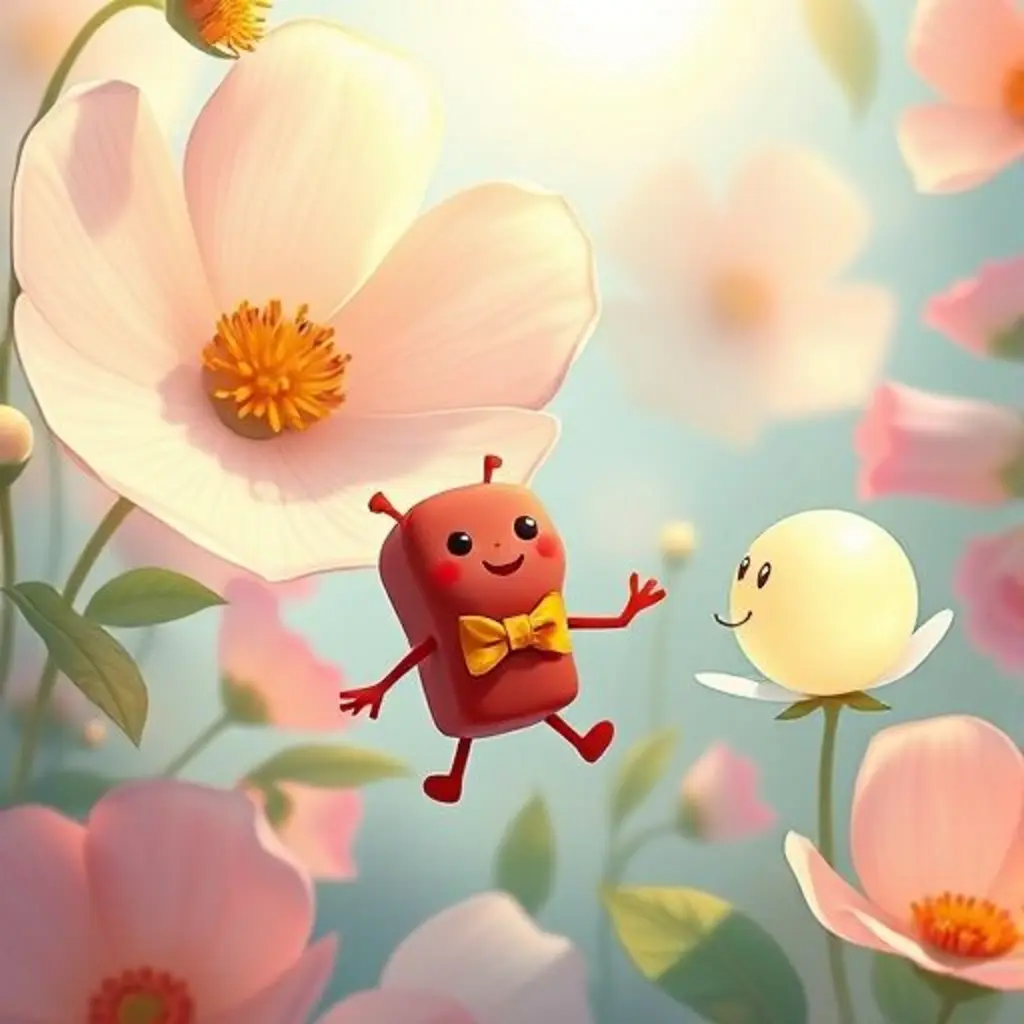 Conito flotando en un huerto de ensueño con una luciérnaga y una flor gigante.