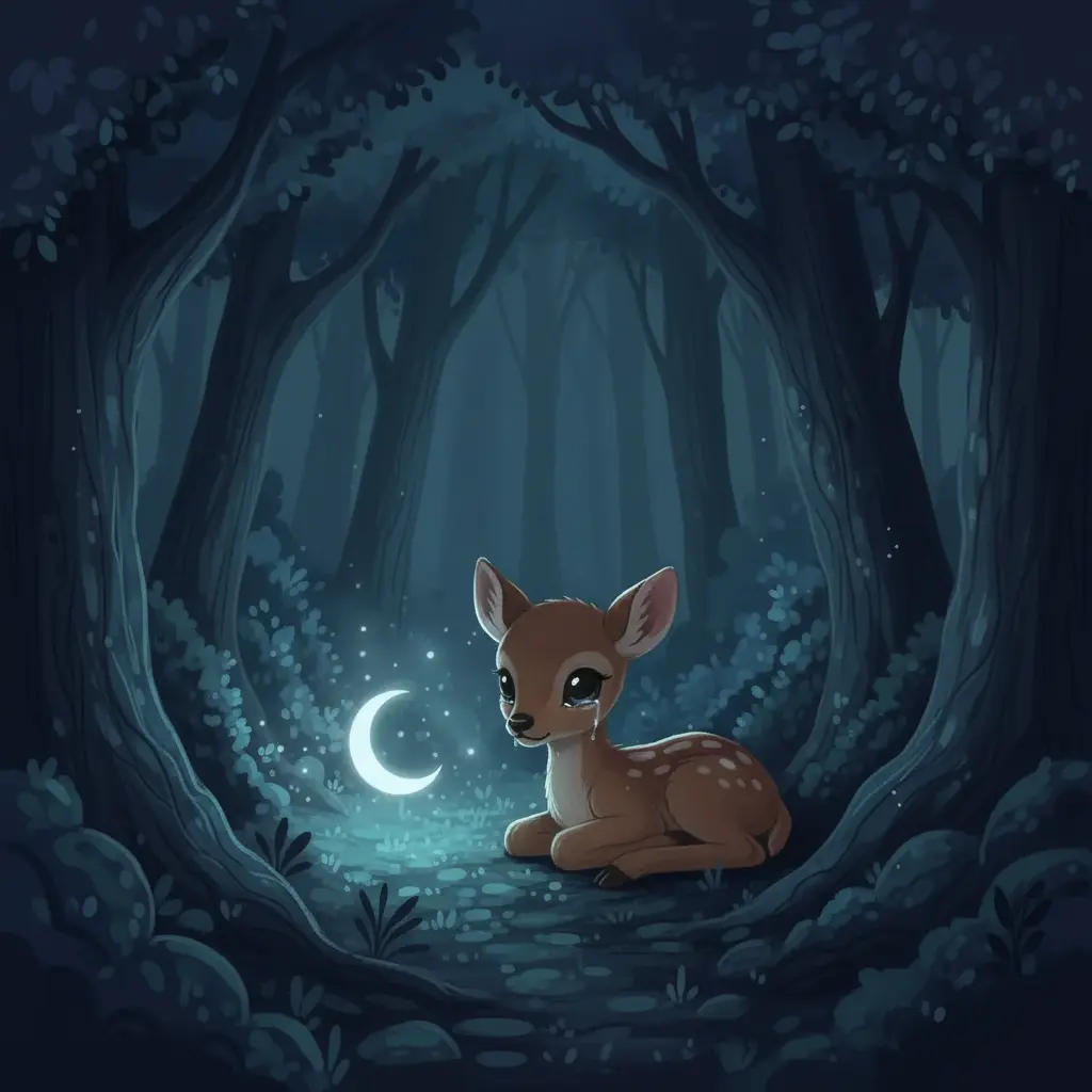 Un pequeño cervatillo lloraba, perdido en la inmensidad del bosque oscuro bajo la luz de la luna.