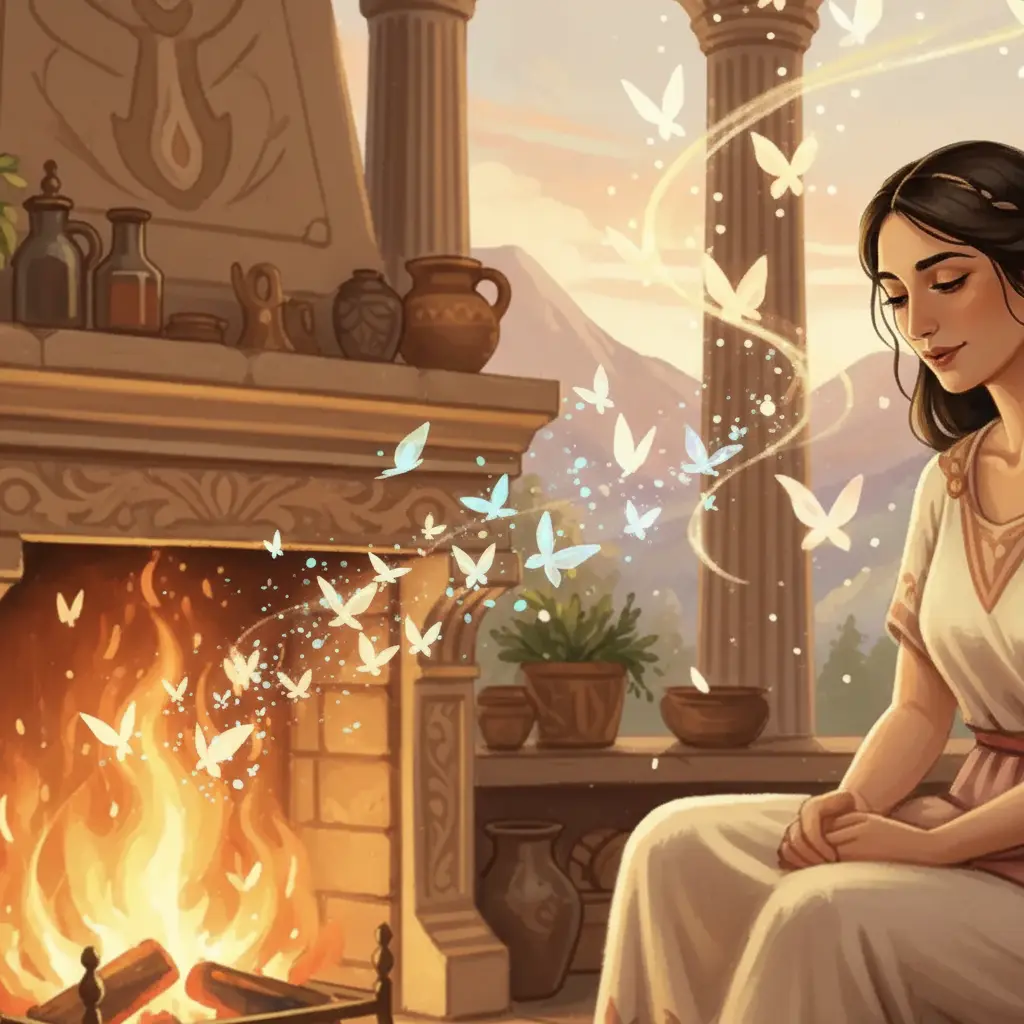 Hestia soplando suavemente las brasas, de donde nacen chispas iridiscentes.
