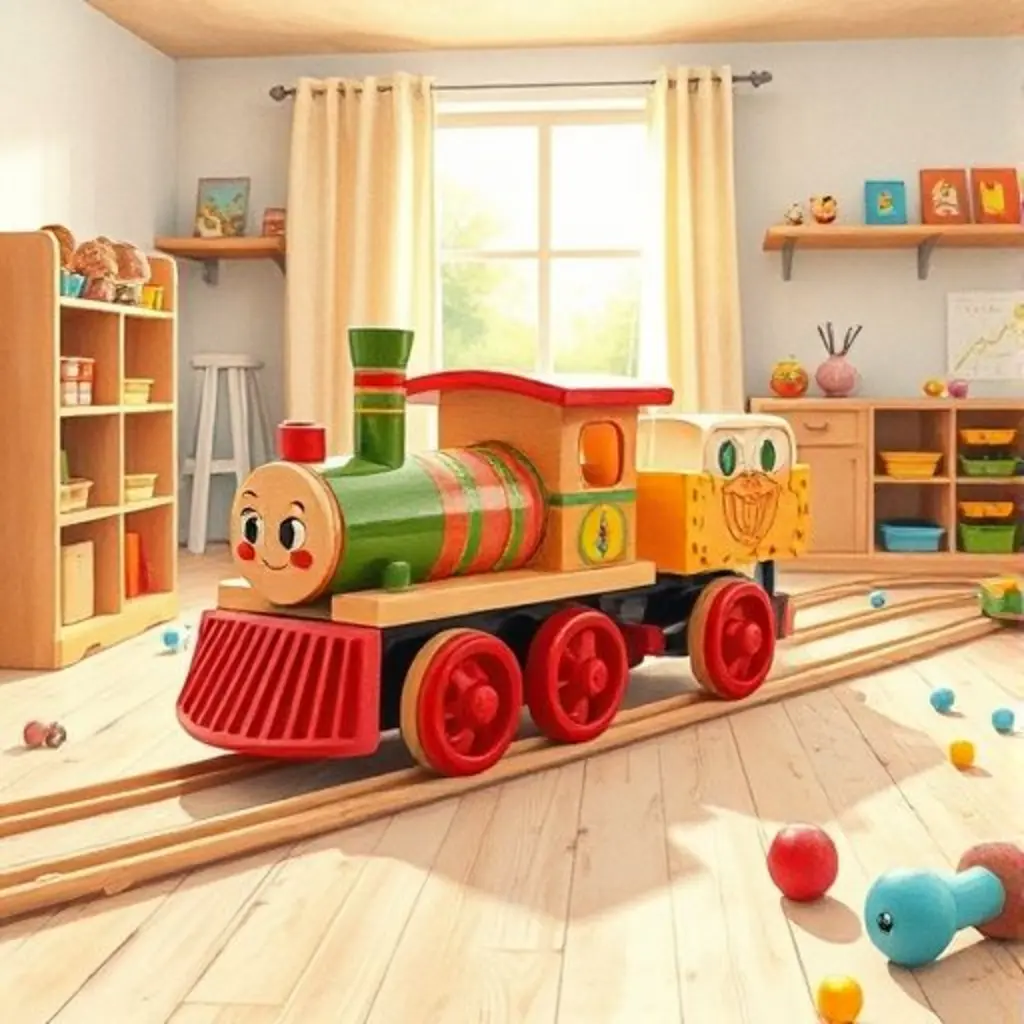 Tren Lito en sus vías fijas en una habitación de juegos desordenada.