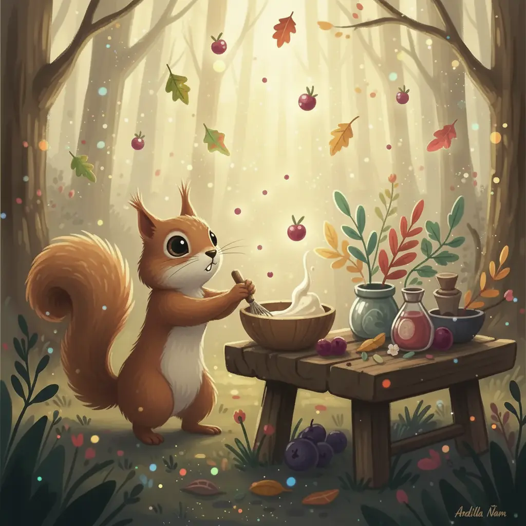 Ardilla Ñam mezclando ingredientes mágicos en su pastel.