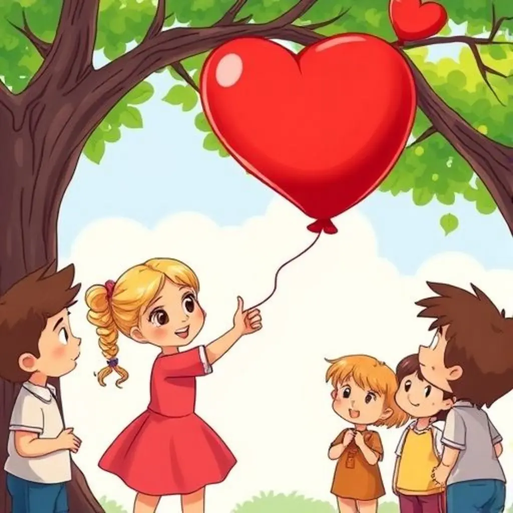 Niños observan a Corazoncito bailar en el árbol y sonríen.
