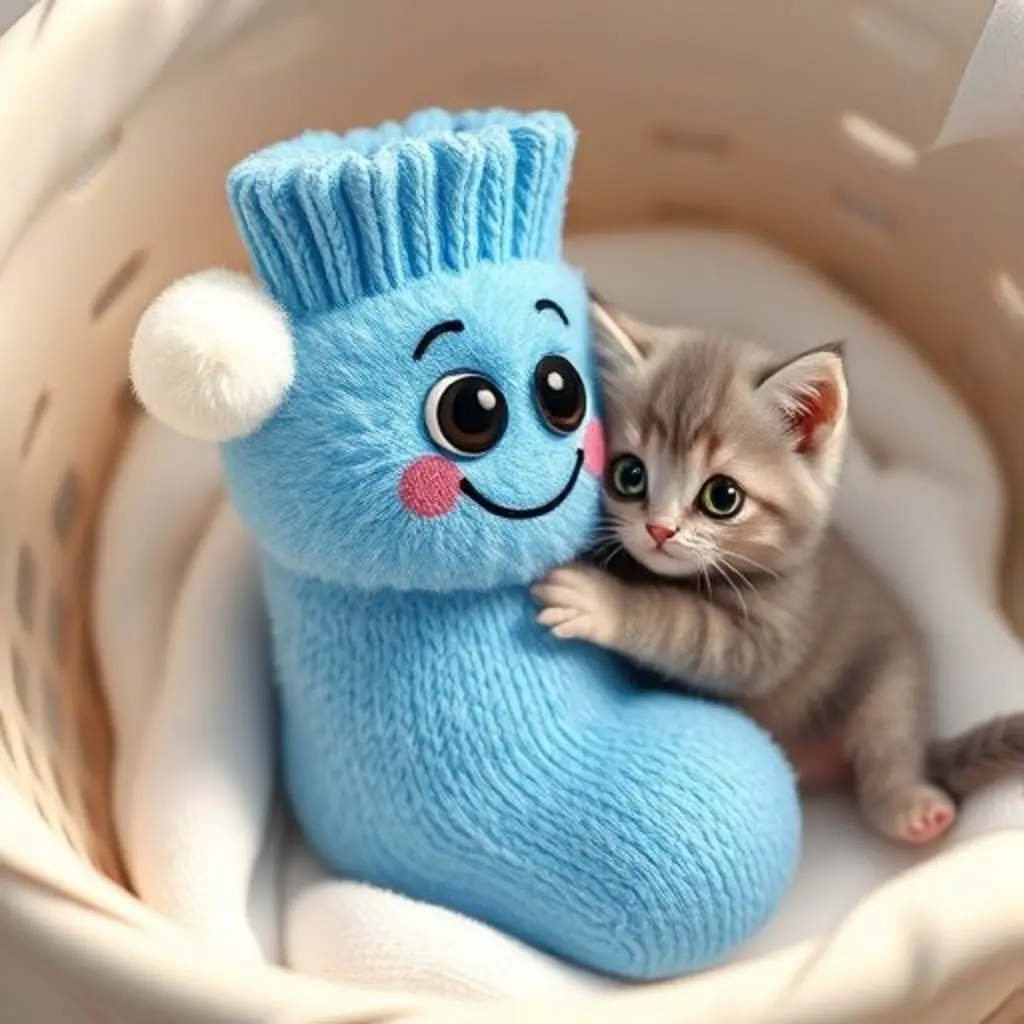 Calcetín Pompón encuentra a un gatito gris en la cesta de la ropa.