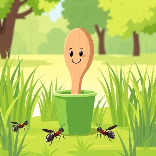 Helado, la cuchara de madera, en un vaso de picnic, observando hormigas.