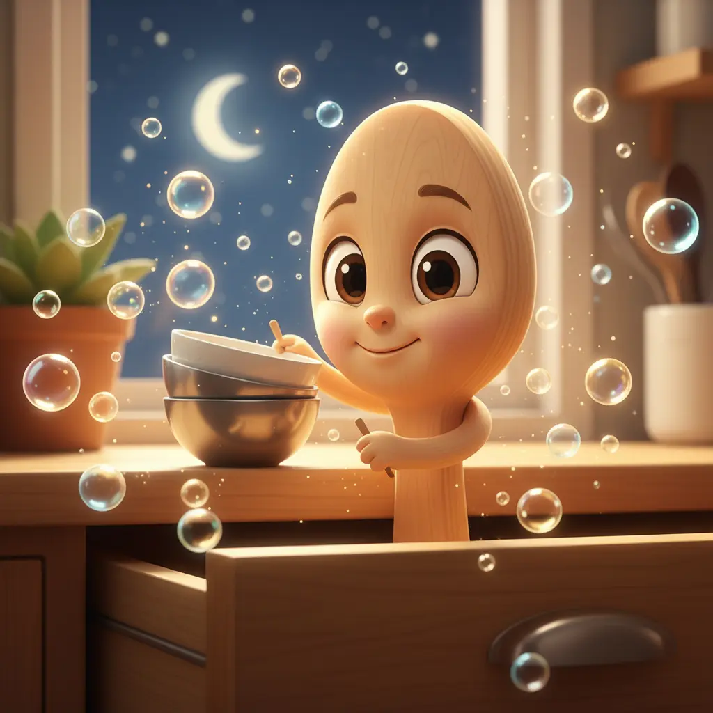 Palita toca varios cuencos, rodeada de burbujas brillantes de risas y conversaciones.