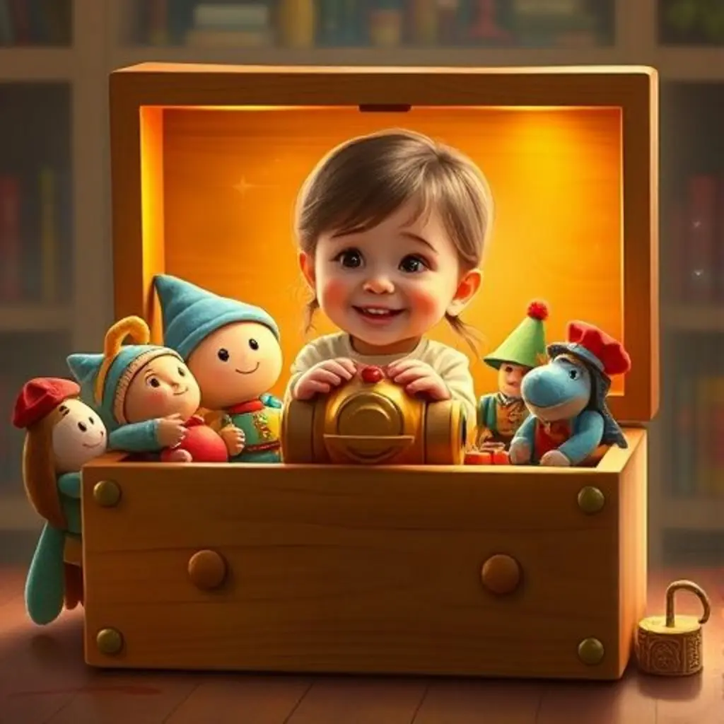 Todos los juguetes juegan felices dentro de la caja, y una niña, Ana, sonríe al verlos.