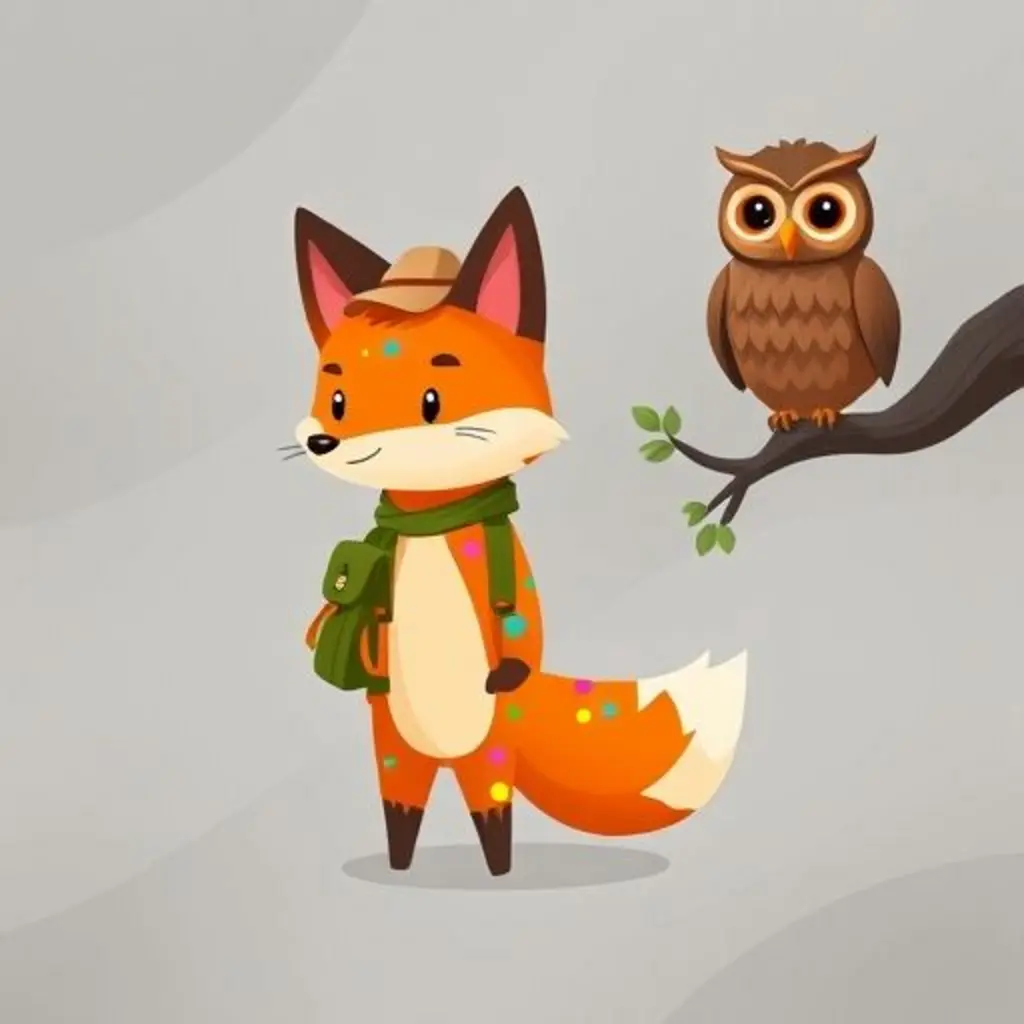 Zorrito Manchas en medio de una niebla densa, sus manchas brillando, hablando con un búho de madera tallada.
