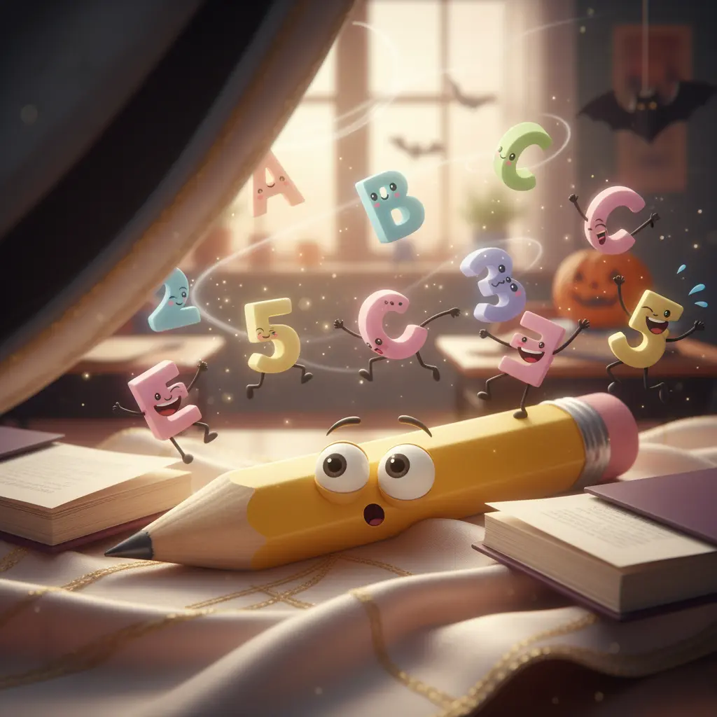 El lápiz toca la seda y las letras y números de un libro cercano empiezan a reír y bailar.