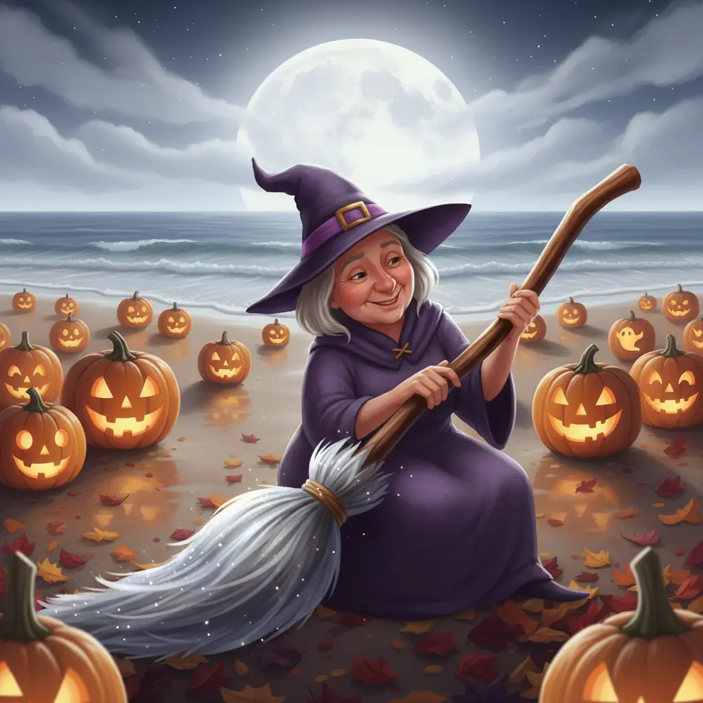 Bruja Berta acaricia a Vuelín con cariño en la orilla, bajo la luz de la luna.