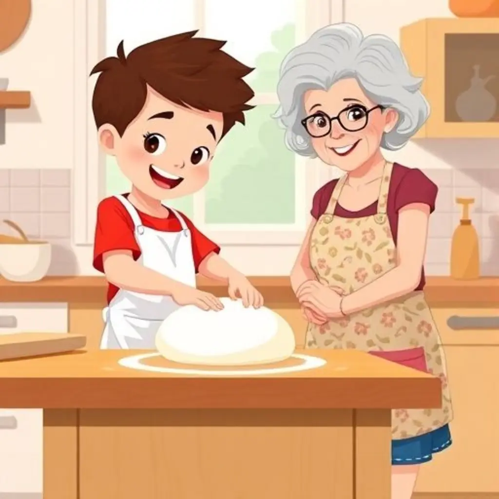 Nico amasa la masa con cariño junto a su abuela en la cocina.