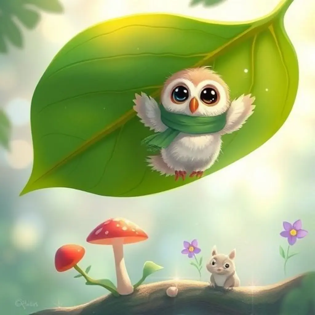 Búhíto se desliza en una hoja grande, pasando por un hongo y flores.