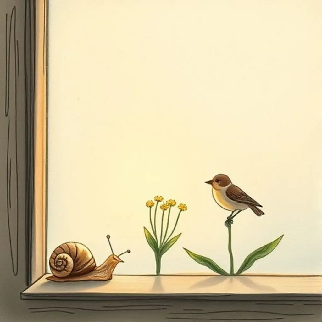 Rayo Soñador dibuja un caracol tímido y un pájaro pequeño junto a la flor.