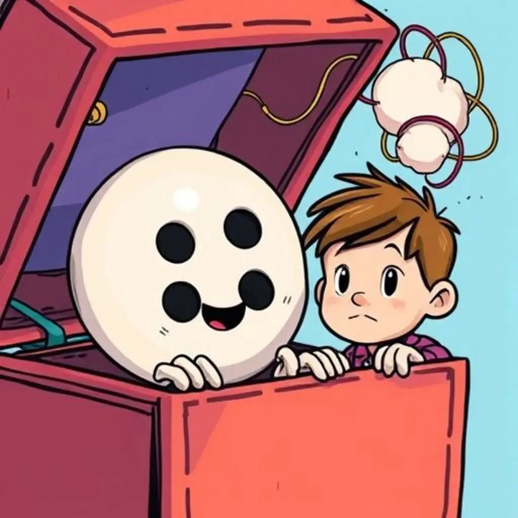 Cuatrito el botón curioso en su costurero, observando a niños pensativos.