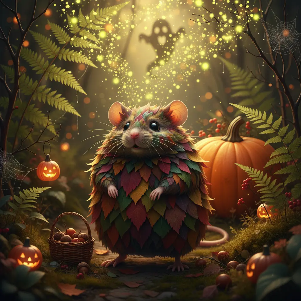 Ratoncito Remiendo asombrado por las luciérnagas que le guían hacia la calabaza.