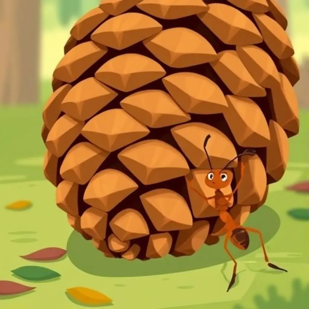 Piny la piña curiosa en el suelo del bosque con una hormiguita.