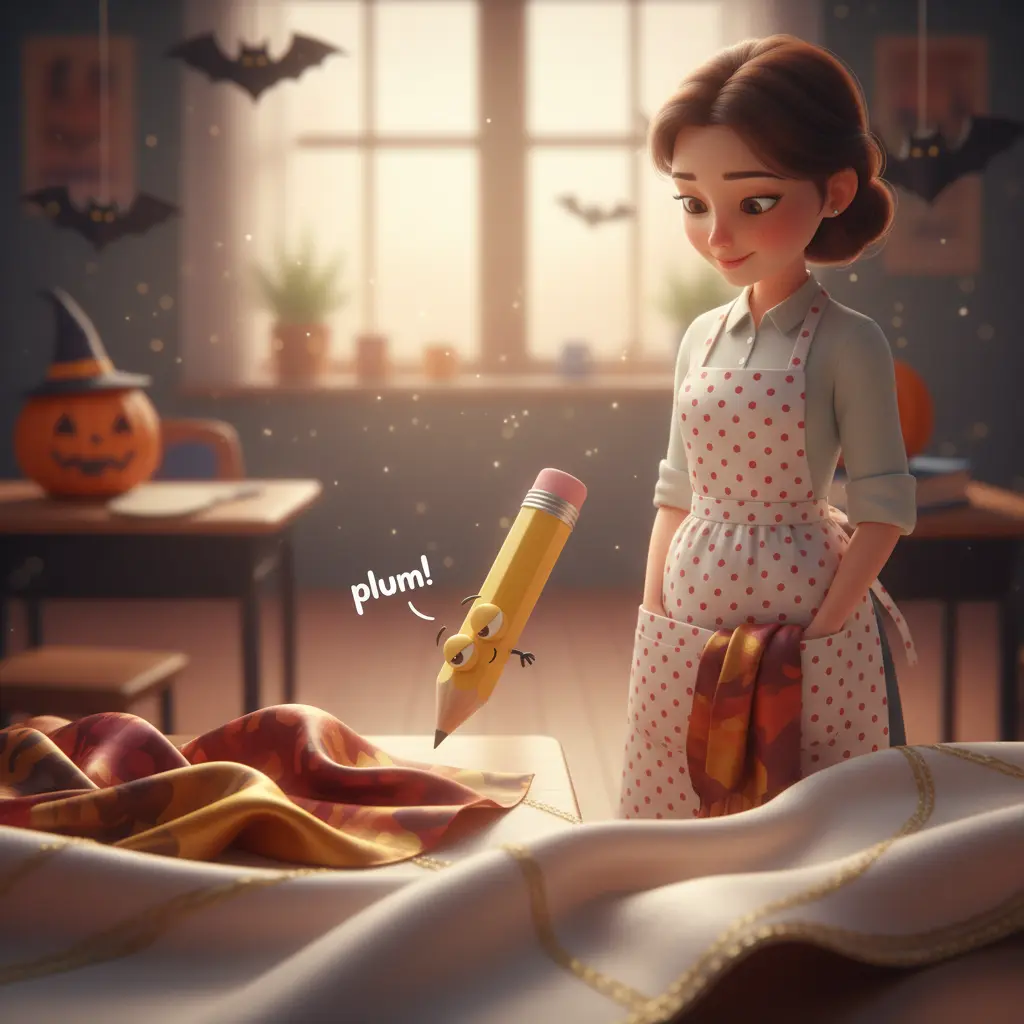 El lápiz dormilón cae con un 'plum' en el bolsillo de la maestra, donde hay un pañuelo de seda.