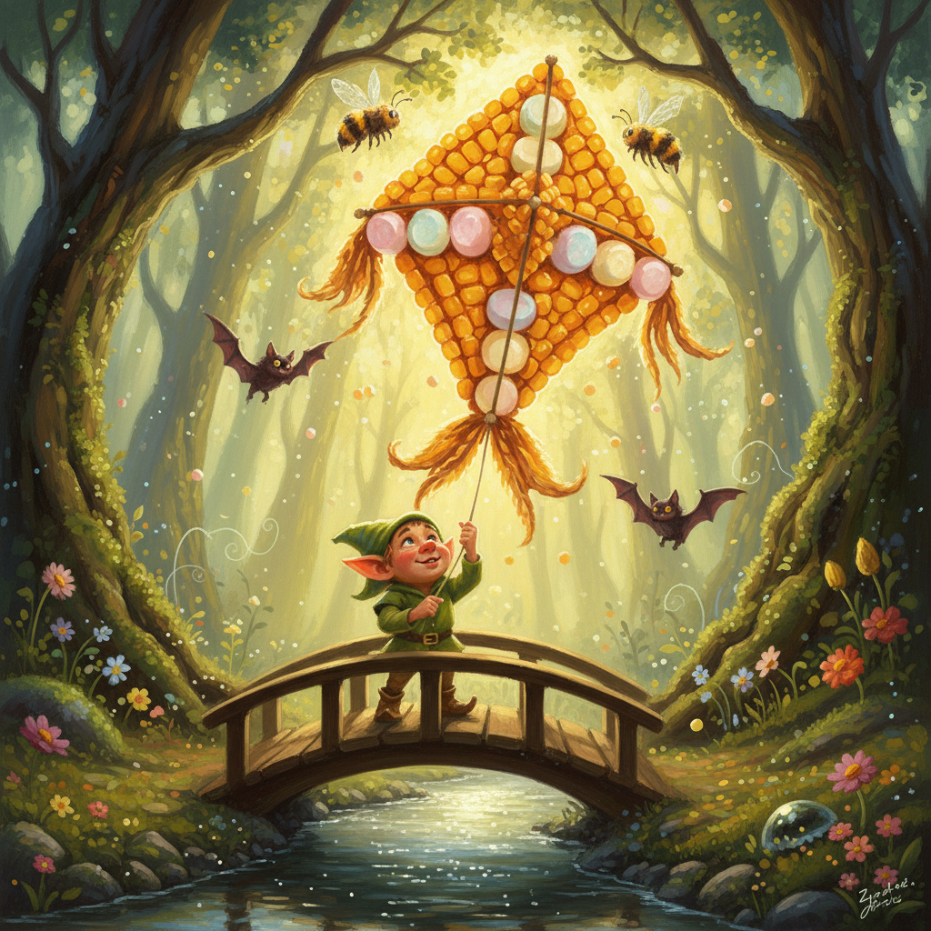 Zippy en un puente, con tres abejas zumbadoras empujando su cometa que empieza a elevarse, mientras unos murciélagos traviesos la observan.