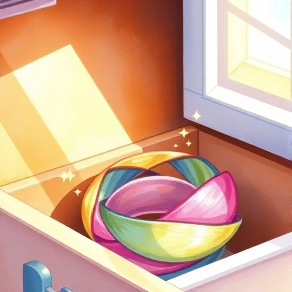 Brisa, una cinta de pelo brillante, en un cajón, con estrellas que empiezan a aparecer de ella por el sol.