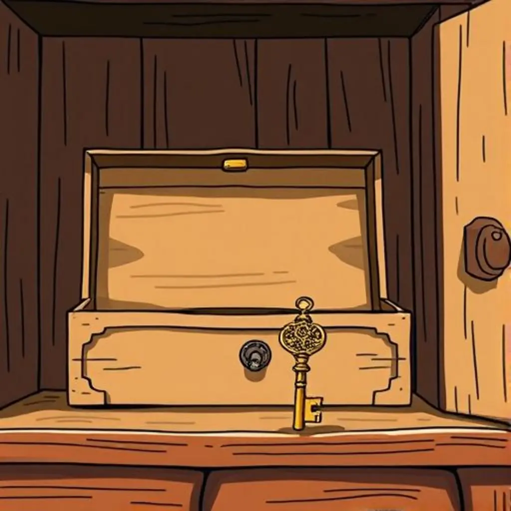 Llavín, la llave antigua, triste frente a una caja de música, con un cajón vacío detrás.