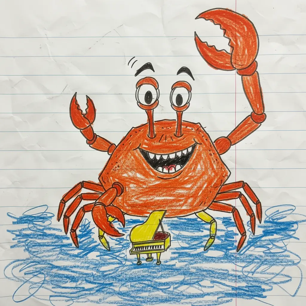 Un cangrejo naranja con una pinza gigante frente a un piano diminuto en papel de cuaderno.