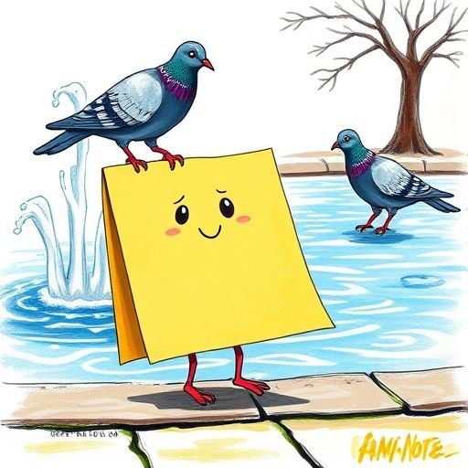 Fami-Nota, cerca de una fuente, habla con dos palomas amigables.