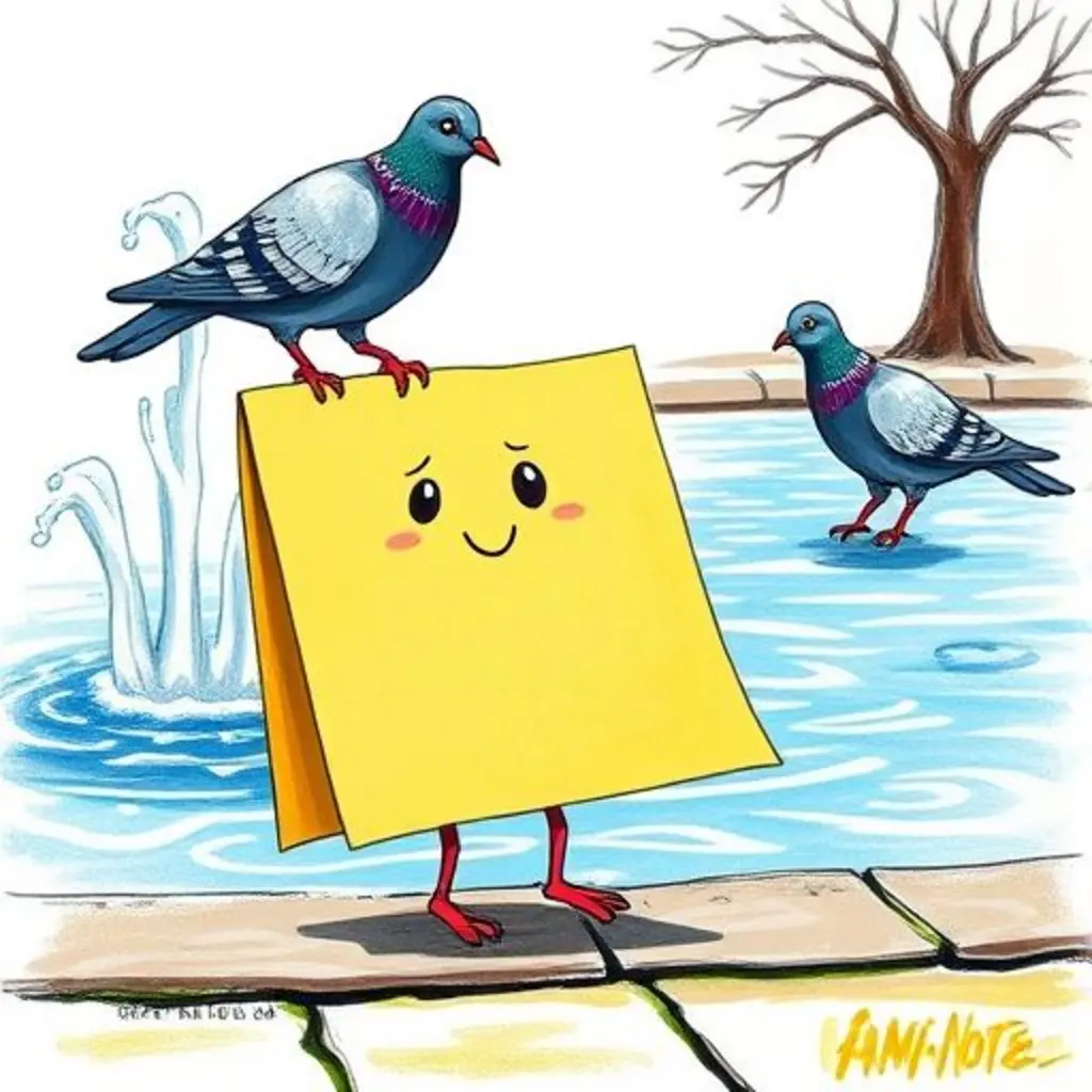 Fami-Nota, cerca de una fuente, habla con dos palomas amigables.