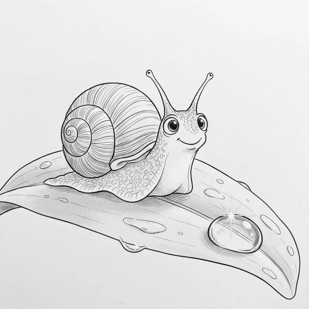 Una gota de rocío brilla como una joya para el caracolito.