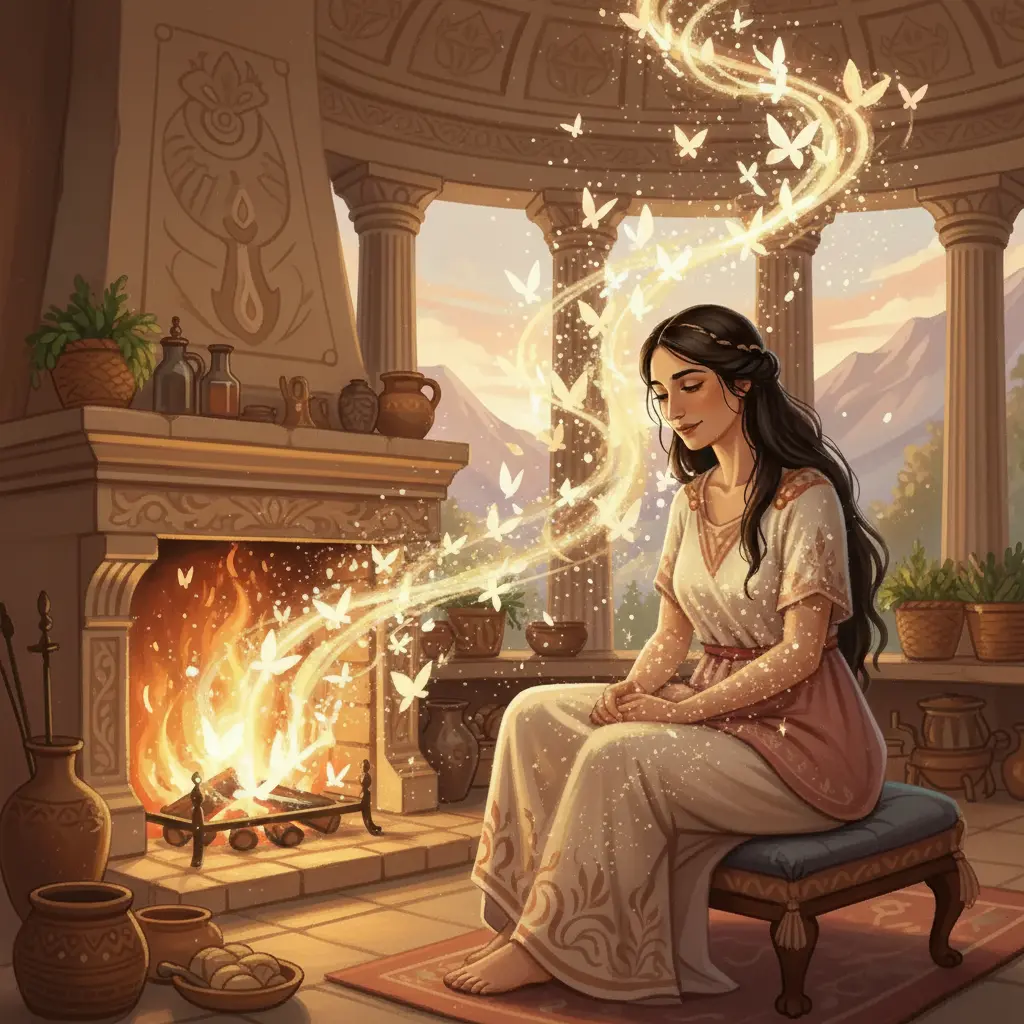 Hestia, la Guardiana de las Chispeantes Memorias, junto a su chimenea llena de mariposas.