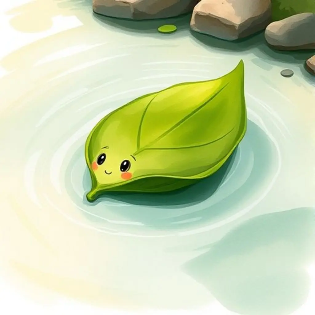 Brisa, una hoja verde, flota pensativa en un arroyo.