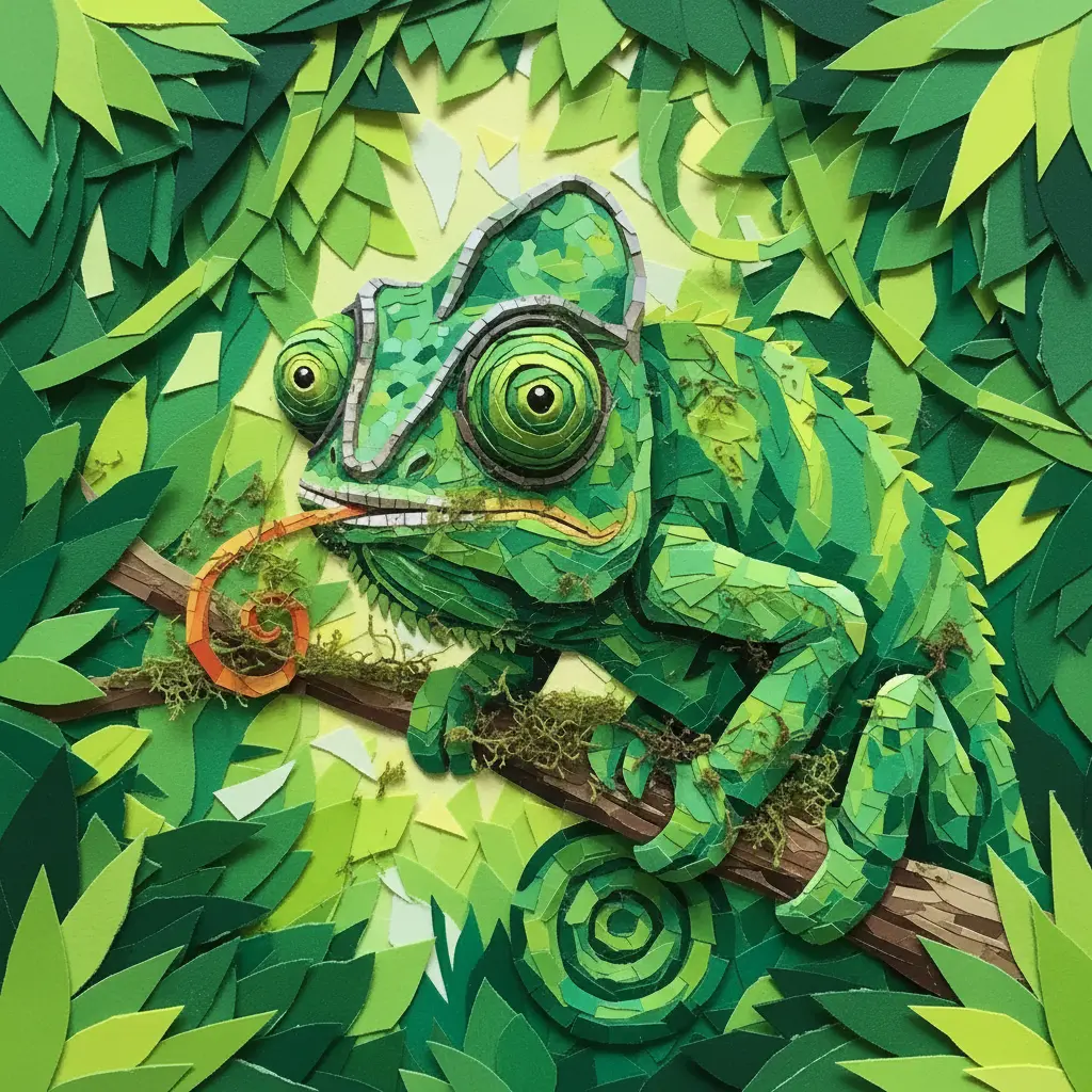 Un camaleón verde avanzando lentamente por una rama llena de musgo.