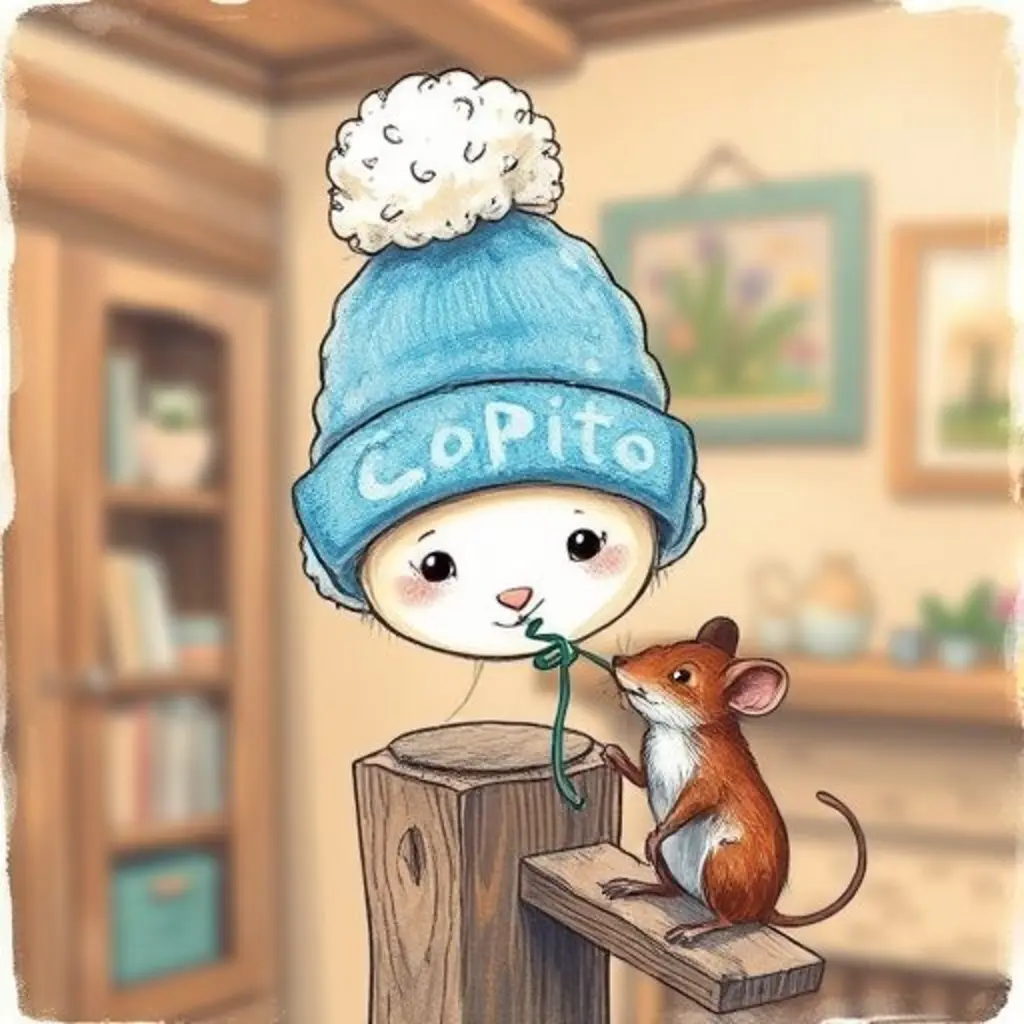 Copito, un gorro azul, en un perchero, y Pipo, un ratón, tirando de él.