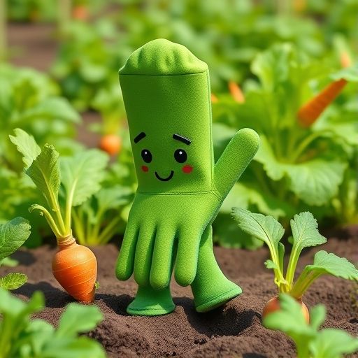 Verdecito, un guante verde, mirando sus dedos en un huerto.