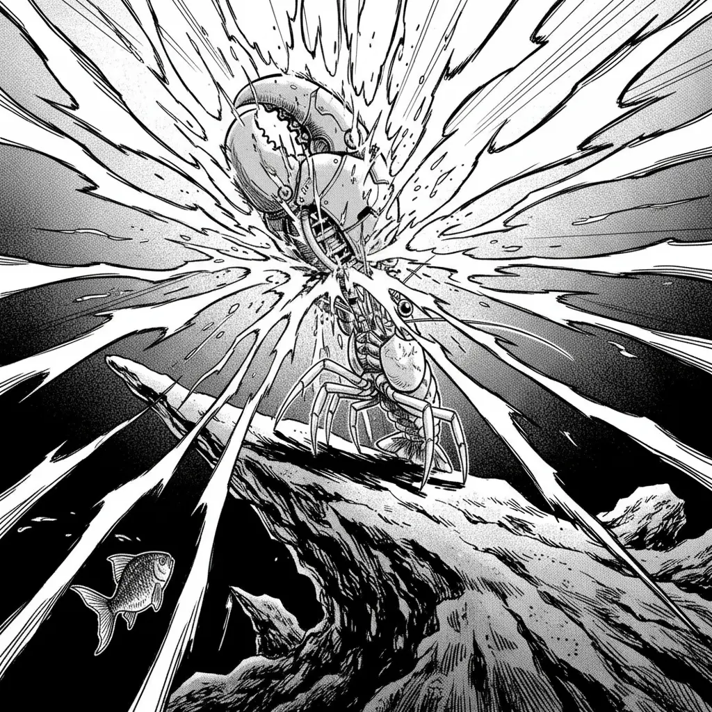 La pinza del camarón cerrándose con tanta fuerza que crea una explosión de líneas blancas en el agua.