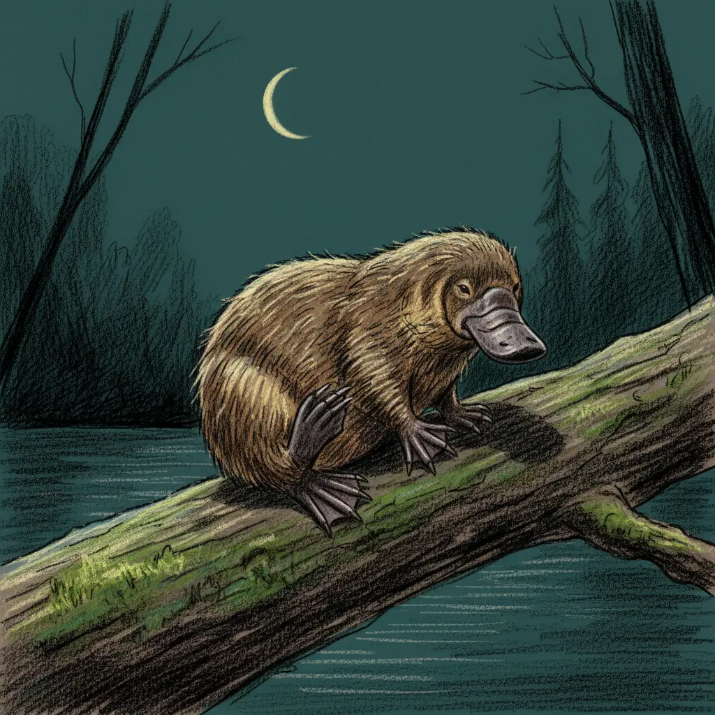 El ornitorrinco rascándose y limpiando su pelo sobre un tronco bajo la luz de la luna.