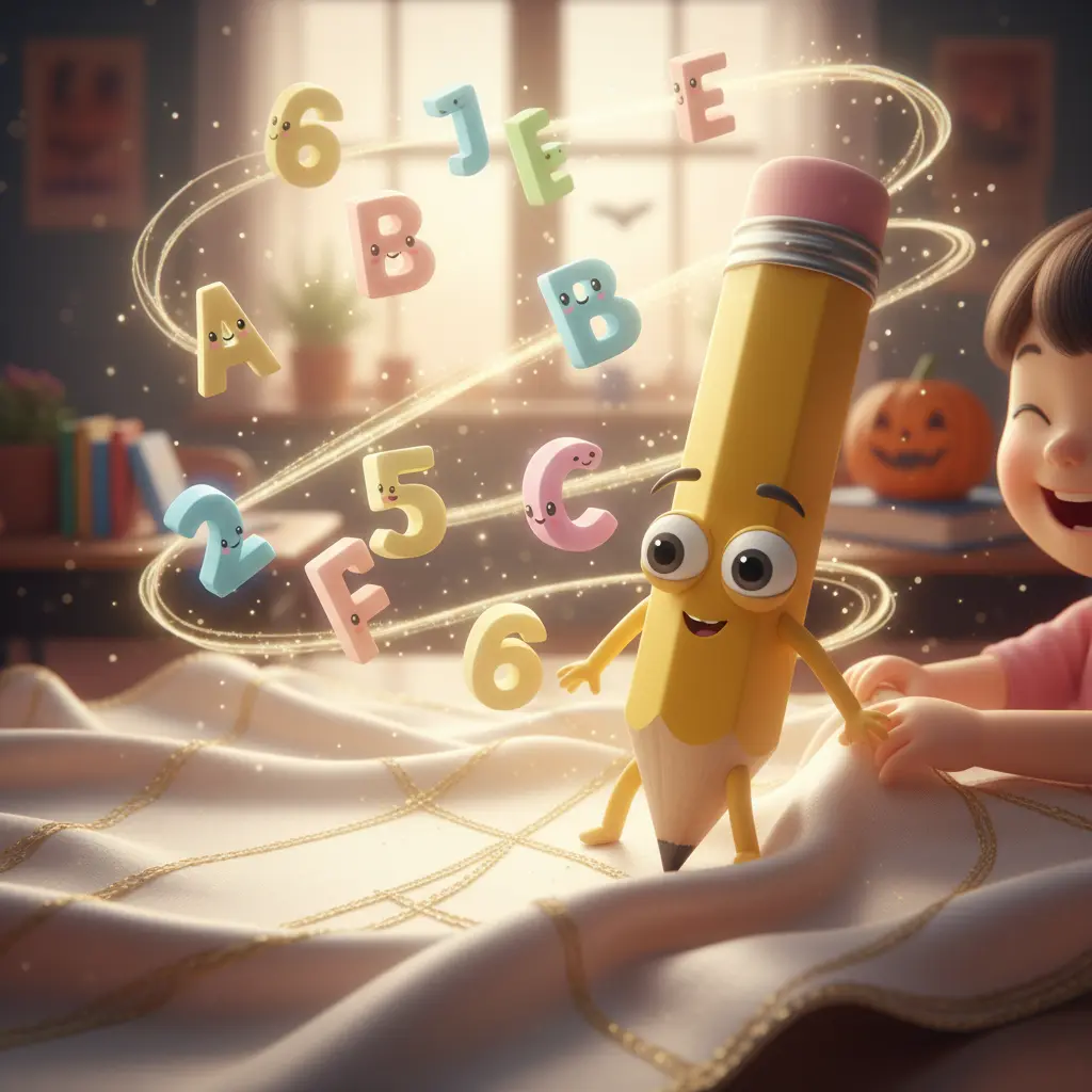 El Lápiz Cosquillero, con un niño sonriente, hace que las letras y números bailen con risas.