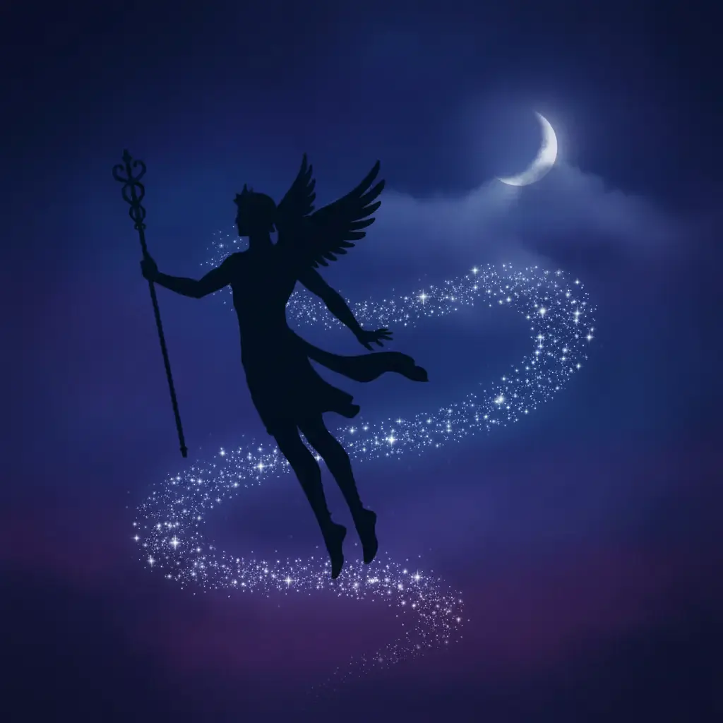 Hermes vuela alto, dejando un rastro brillante de constelaciones diminutas.