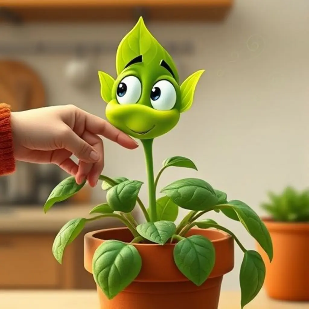 Una hoja de albahaca, Hojita, siendo frotada suavemente por una mano de niño.