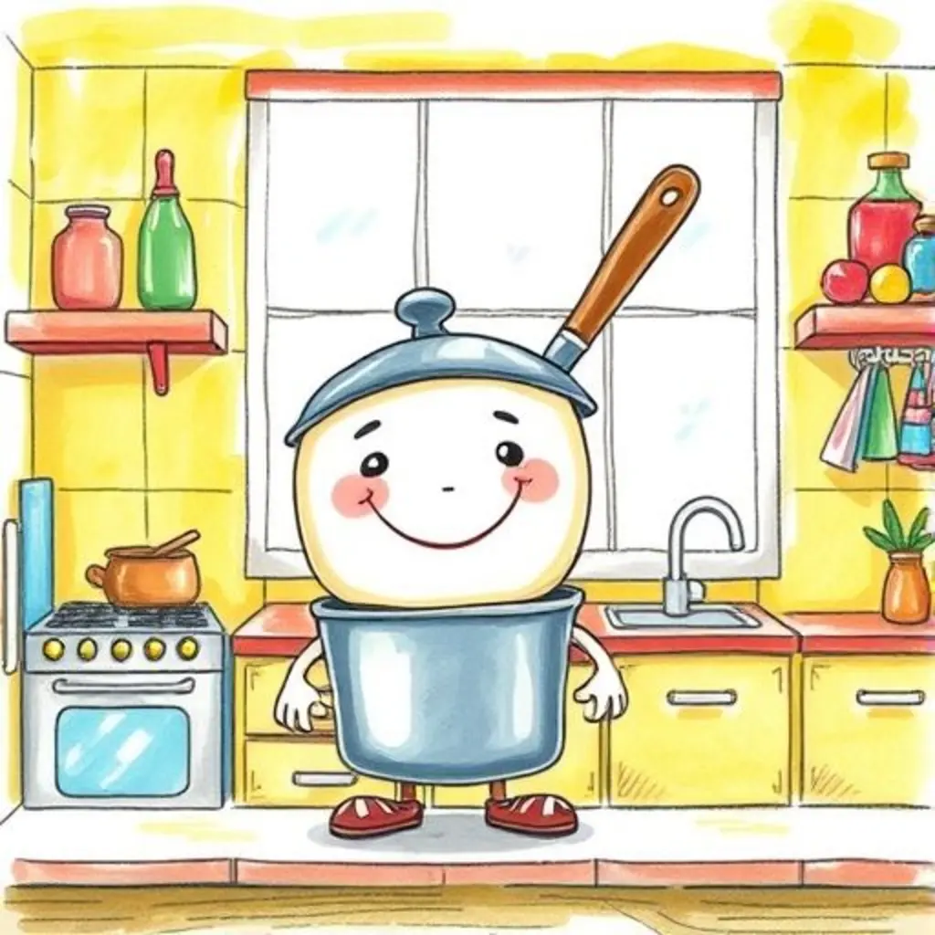 Sartén Chispeante regresa a su lugar en la cocina de juego, feliz y orgullosa después de su aventura.