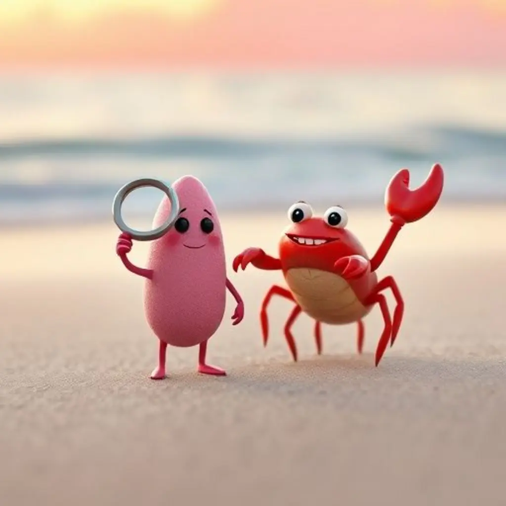 Borrilu recupera su lupa con la ayuda de un amigable cangrejo, ambos sonríen en la playa mágica.