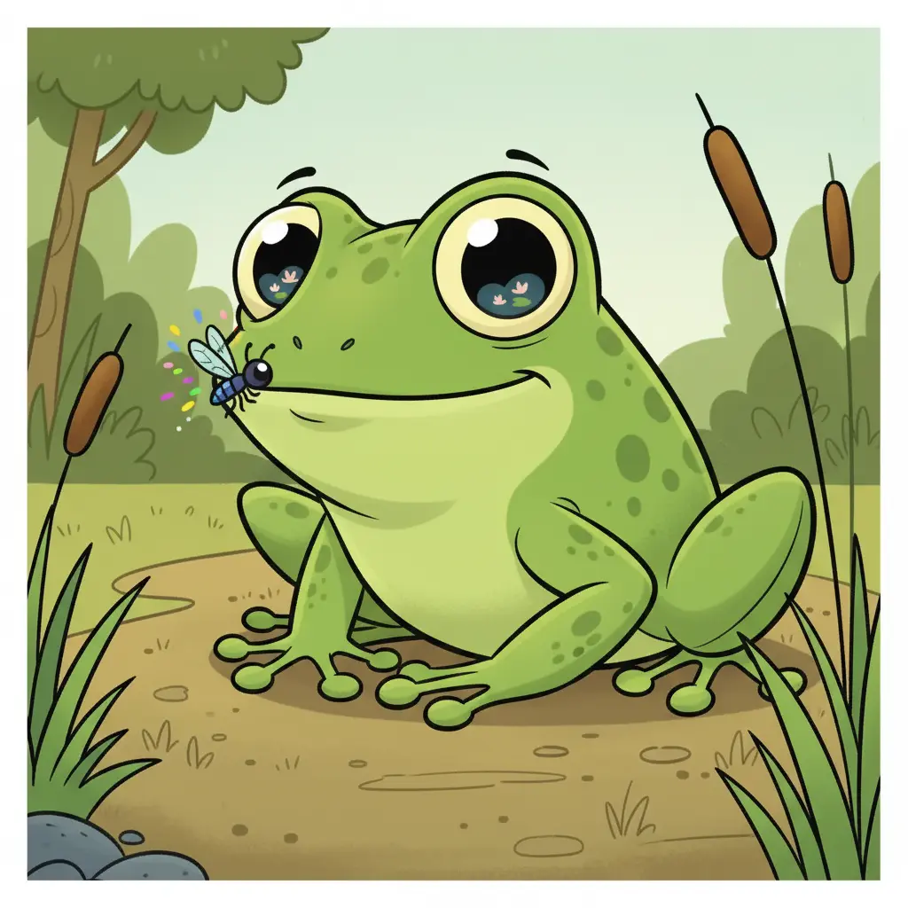 Brincos el sapo se agacha, listo para la acción, mientras una mosca de colores vibrantes vuela cerca de él.
