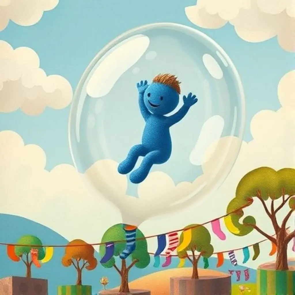 Calcetín Calcetín en la burbuja voladora, encontrando a Calcetín Calcetón en un tendedero de arcoíris.