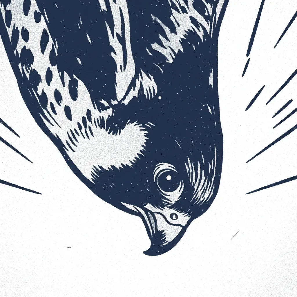 Primer plano del halcón cayendo a gran velocidad con líneas de movimiento.