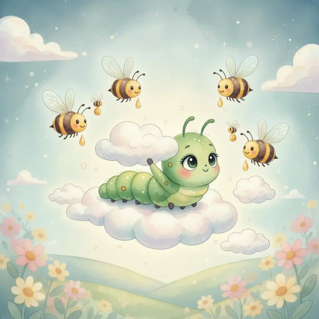 Celeste feliz tejiendo nubes para las abejas y la miel mágica.