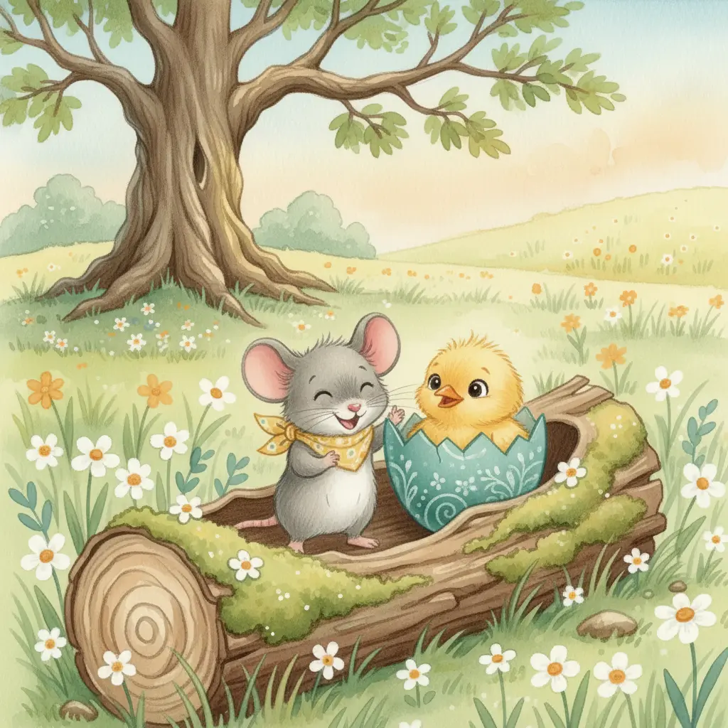 Milo el ratoncito encuentra un huevo turquesa dentro de un tronco.